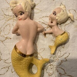 Vintage Yellow Mermaid Wall Plaques - Pair